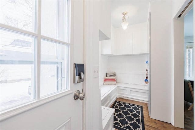 bathroom with hardwood / wood-style floors