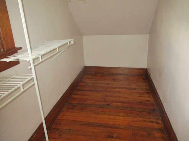 walk in closet with lofted ceiling and dark wood-type flooring