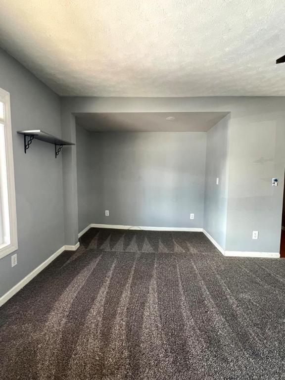576 W High St, Erwin, NY 14870 - empty room with a textured ceiling, dark carpet, and baseboards
