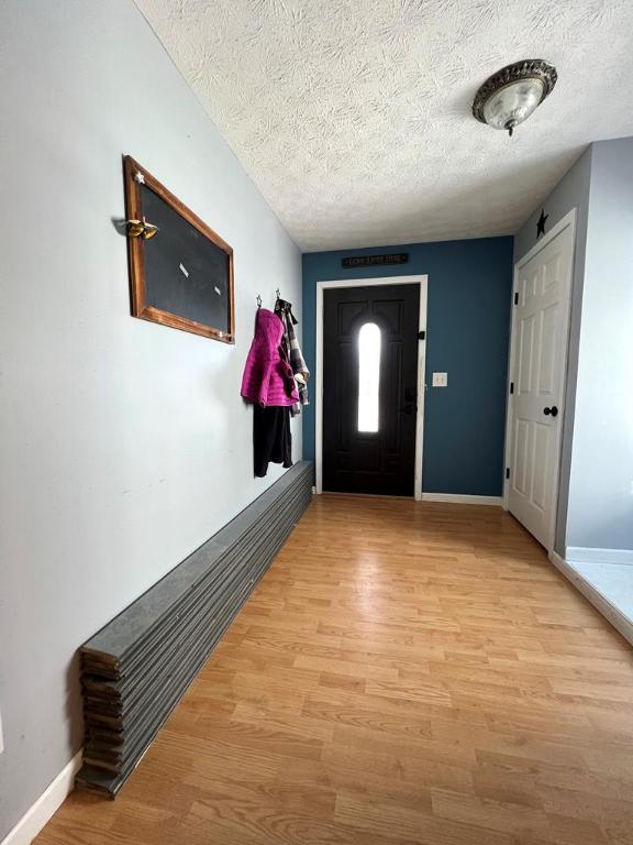 foyer featuring light hardwood / wood-style floors and a textured ceiling