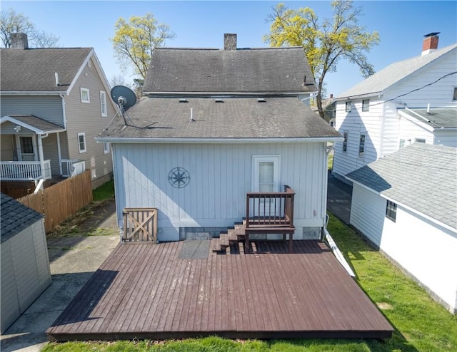 576 W High St, Erwin, NY 14870 - rear view of property with a wooden deck, a shingled roof, and a chimney