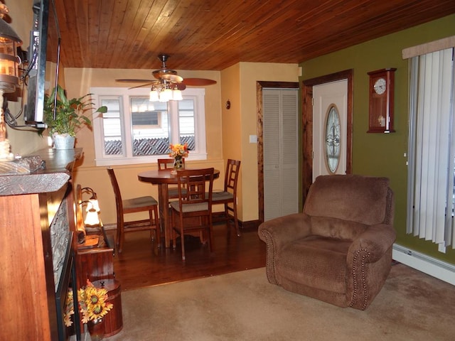 dining space with a baseboard heating unit, wood ceiling, dark hardwood / wood-style floors, and ceiling fan