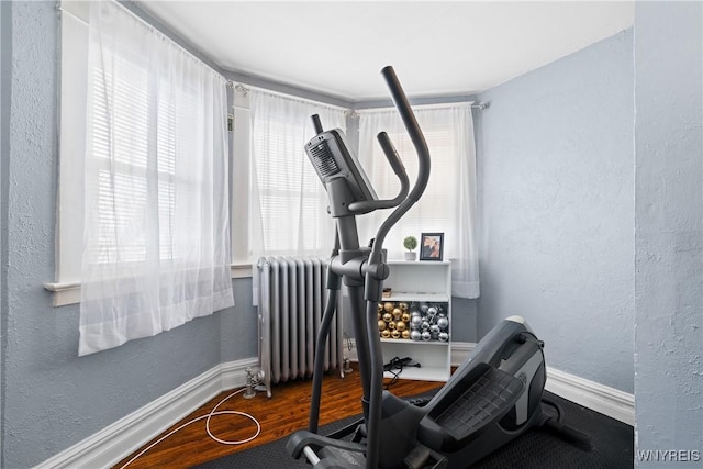 exercise area featuring hardwood / wood-style floors and radiator heating unit