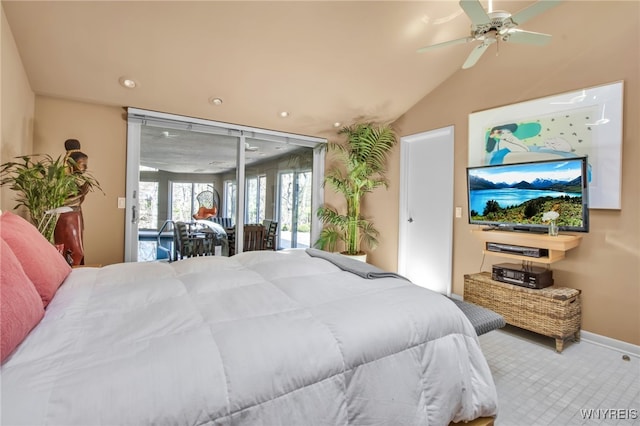 bedroom featuring vaulted ceiling, carpet floors, access to outside, and ceiling fan