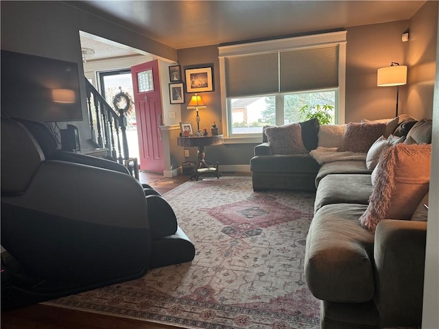 living room with wood-type flooring and a healthy amount of sunlight