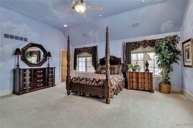 carpeted bedroom featuring vaulted ceiling and ceiling fan