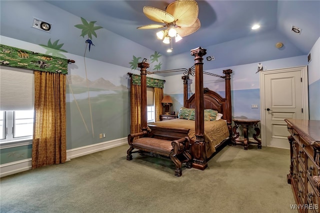 bedroom featuring vaulted ceiling, carpet floors, and ceiling fan