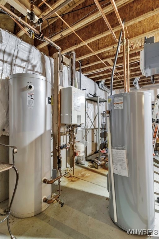 utility room featuring tankless water heater and water heater