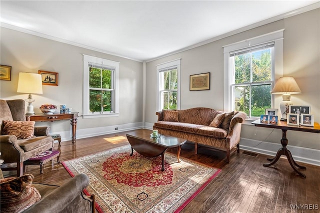 living area with dark hardwood / wood-style flooring and crown molding