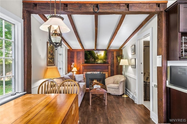 sitting room with beamed ceiling, wooden walls, and dark hardwood / wood-style floors