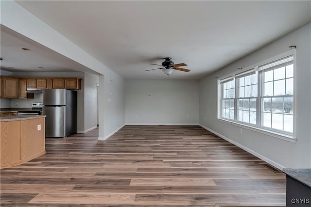17200 Evans Rd, Hounsfield, NY 13634 - unfurnished living room featuring ceiling fan, baseboards, and wood finished floors