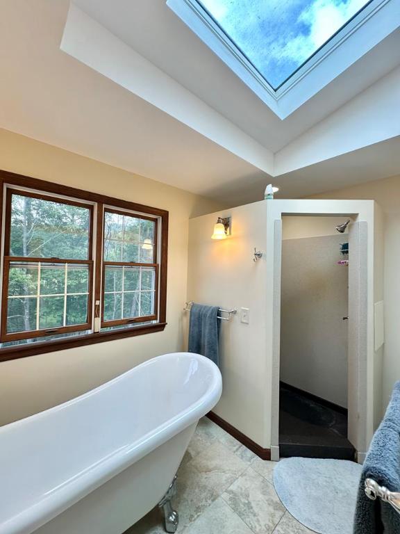 bathroom with a tub and vaulted ceiling with skylight