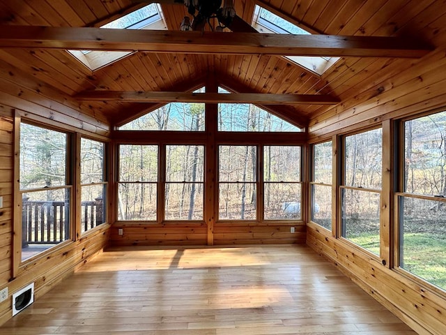 unfurnished sunroom featuring lofted ceiling with skylight and wooden ceiling