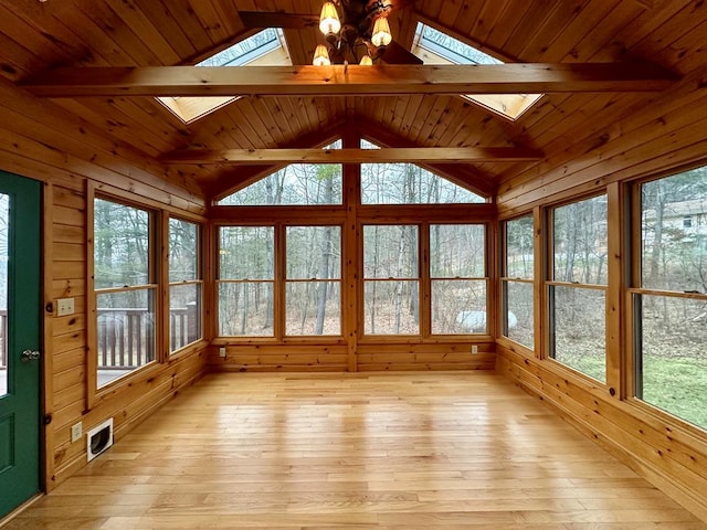 unfurnished sunroom with wooden ceiling and lofted ceiling with skylight