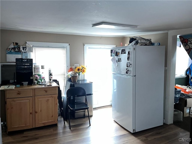 kitchen featuring wood-type flooring and white fridge