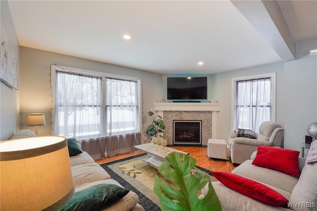 living room with a wealth of natural light, a fireplace, and light hardwood / wood-style floors