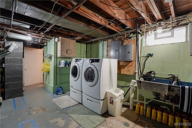 clothes washing area featuring electric panel and washing machine and clothes dryer