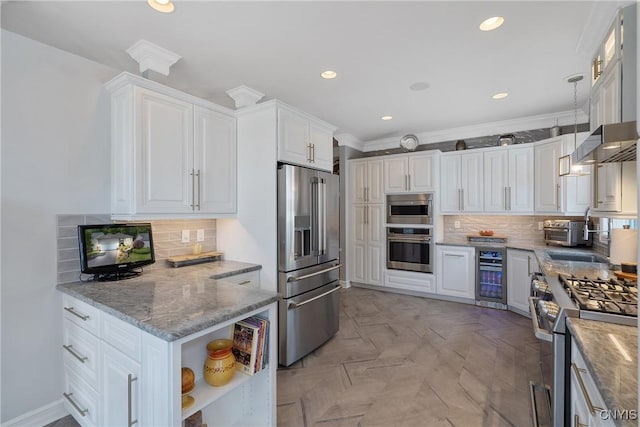 kitchen featuring white cabinetry, high end appliances, and beverage cooler