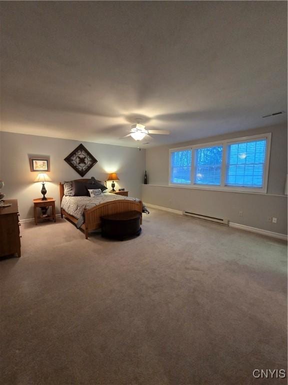 unfurnished bedroom with carpet flooring, ceiling fan, and a baseboard heating unit