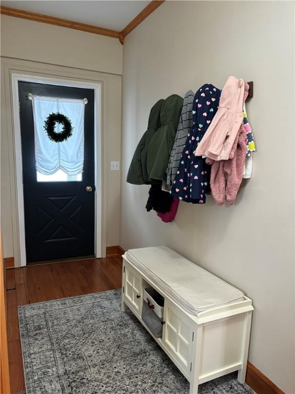 mudroom with hardwood / wood-style floors and crown molding