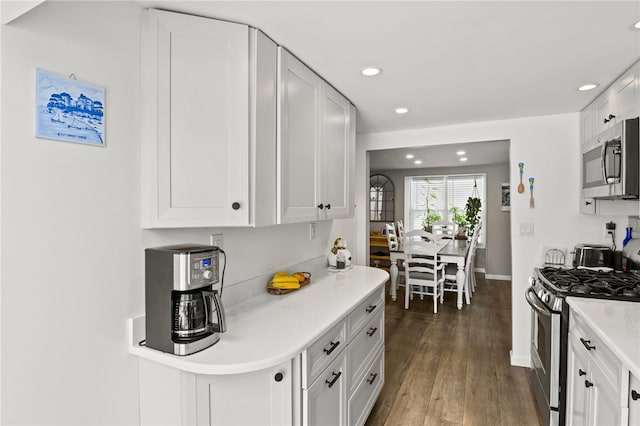 kitchen with white cabinetry, dark hardwood / wood-style floors, and appliances with stainless steel finishes