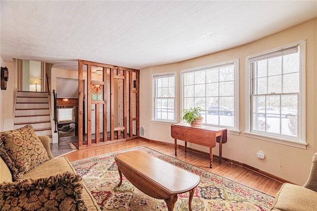 living room featuring a healthy amount of sunlight and hardwood / wood-style floors