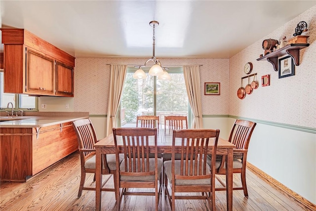 dining space with sink and light hardwood / wood-style flooring