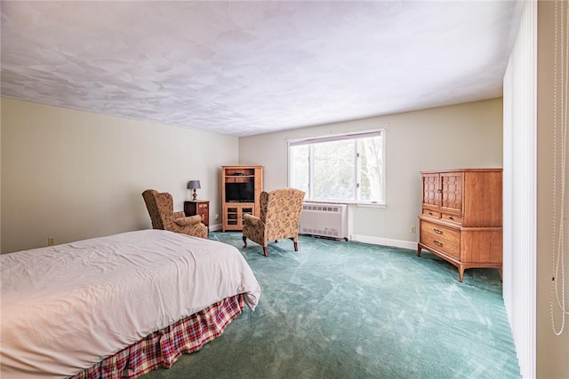 bedroom featuring radiator heating unit and carpet