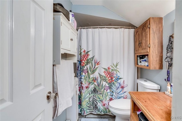 bathroom featuring vaulted ceiling and toilet