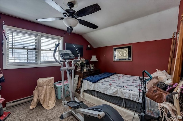 bedroom with vaulted ceiling, carpet flooring, and ceiling fan