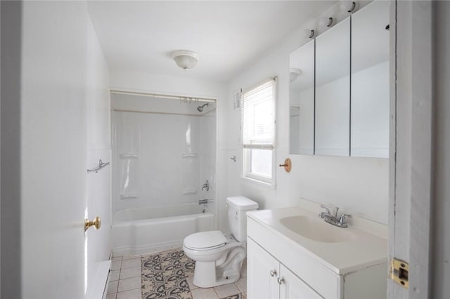 full bathroom with shower / bathtub combination, vanity, toilet, and tile patterned flooring