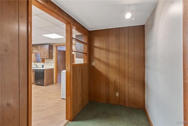 hallway featuring sink and wood walls