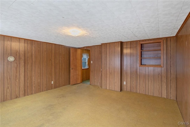 basement with carpet floors and wooden walls