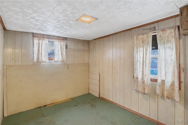 carpeted spare room featuring wooden walls