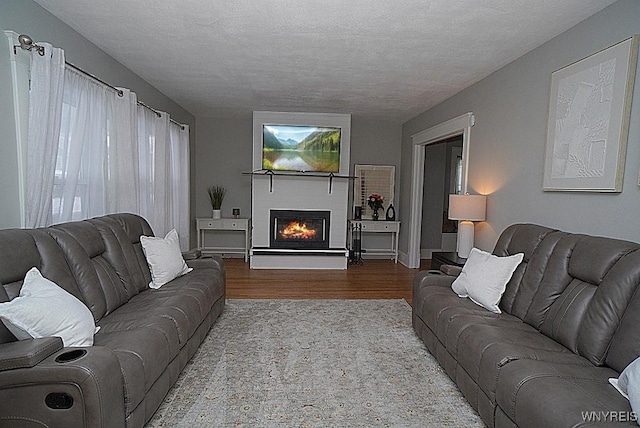 living room featuring light hardwood / wood-style flooring and a textured ceiling