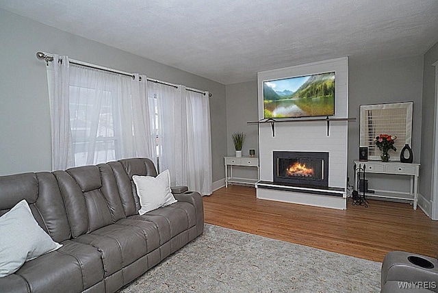 living room featuring hardwood / wood-style floors and a textured ceiling