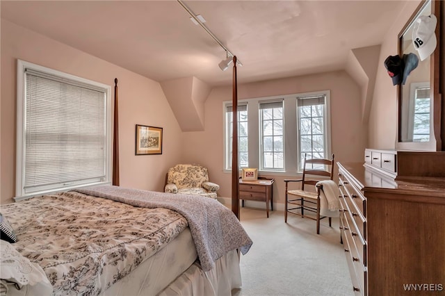 carpeted bedroom with rail lighting