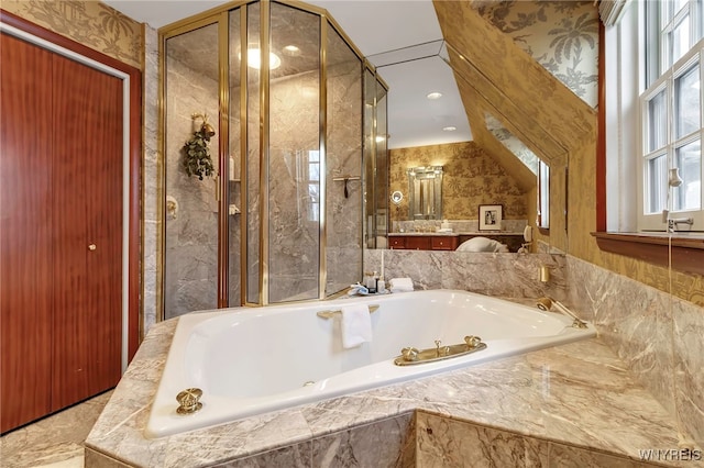 bathroom with tiled tub