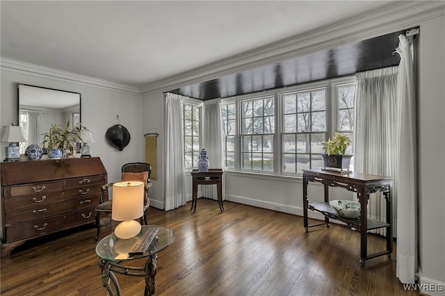 living area with dark hardwood / wood-style flooring and ornamental molding