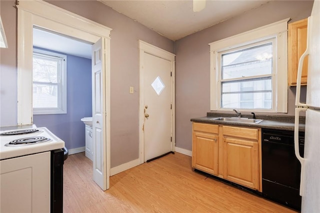 kitchen featuring white electric range, black dishwasher, sink, and light wood-type flooring