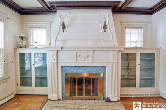 room details with hardwood / wood-style floors, crown molding, a premium fireplace, and baseboard heating