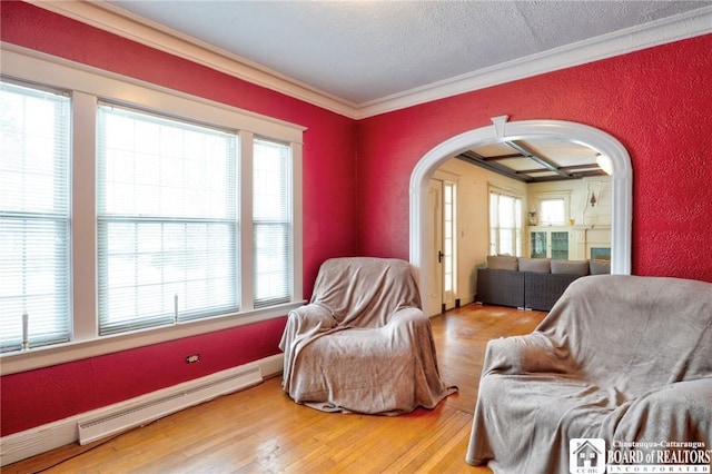 sitting room featuring baseboard heating, ornamental molding, a wealth of natural light, and hardwood / wood-style flooring