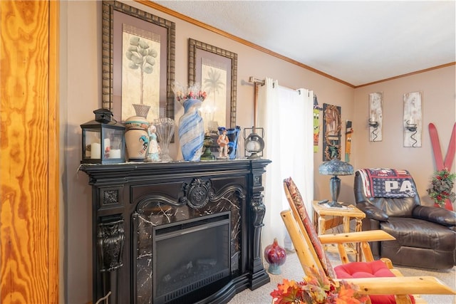 carpeted living room featuring ornamental molding