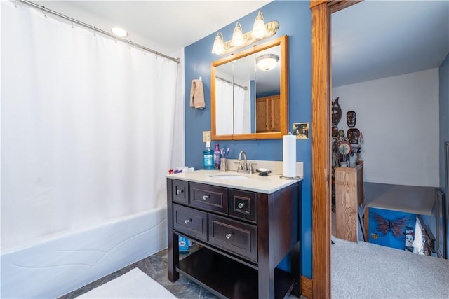 bathroom with vanity and shower / bathtub combination with curtain