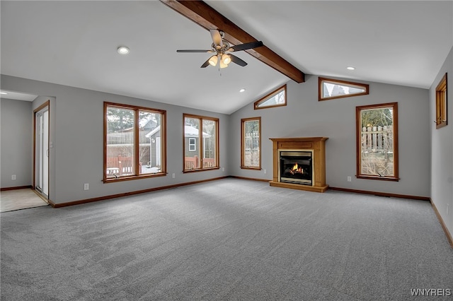 unfurnished living room with light carpet, vaulted ceiling with beams, and ceiling fan