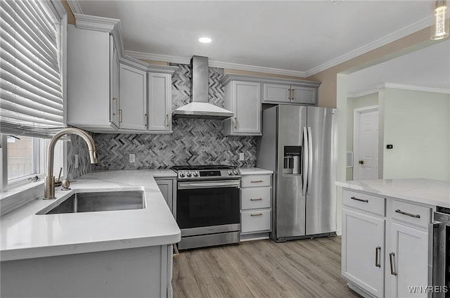 kitchen featuring sink, crown molding, gray cabinetry, stainless steel appliances, and wall chimney exhaust hood