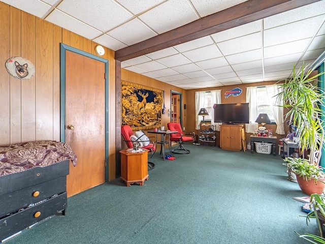 misc room featuring a drop ceiling, wooden walls, and carpet flooring