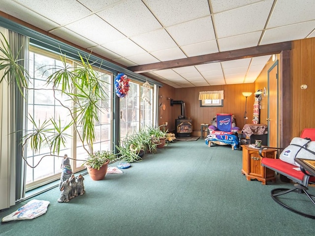 misc room with a wealth of natural light, a paneled ceiling, and a wood stove