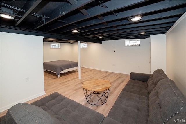 basement with hardwood / wood-style floors