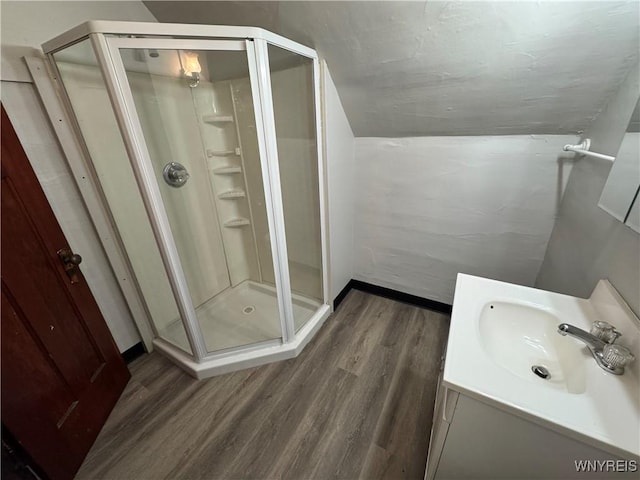 bathroom featuring vanity, a shower with shower door, and wood-type flooring